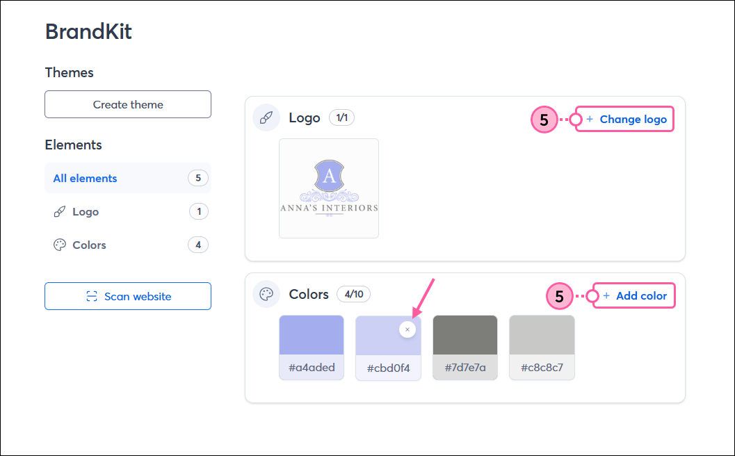 Brand assets added with Change Logo, Add Color, and remove color options