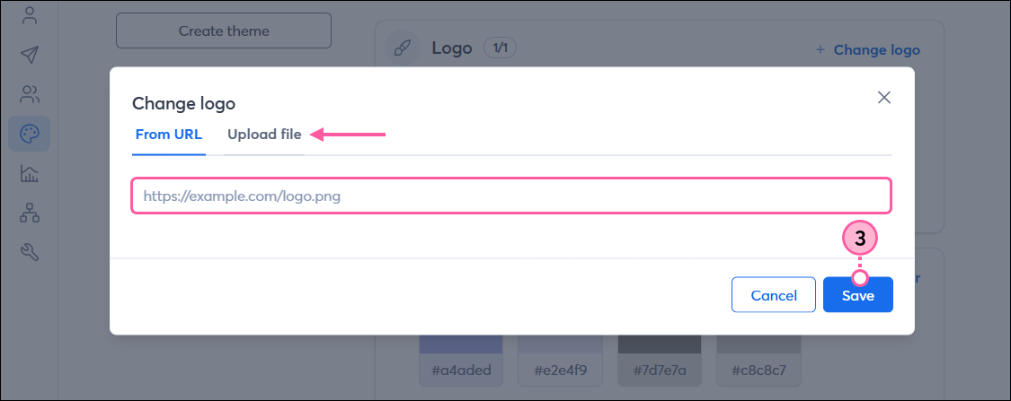 Change Logo pop-up with From URL field or Upload File tab and Save button