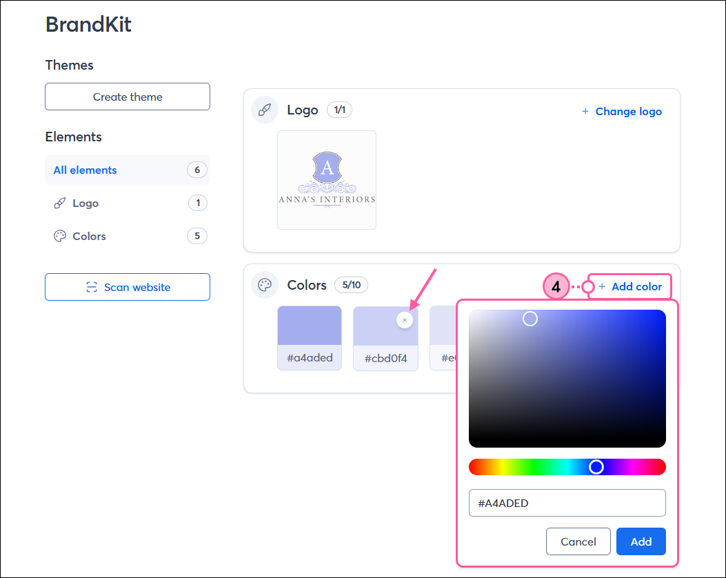 BrandKit dashboard with Colors section, + Add color option, Color palette expanded, and color swatch with X (delete option) displayed