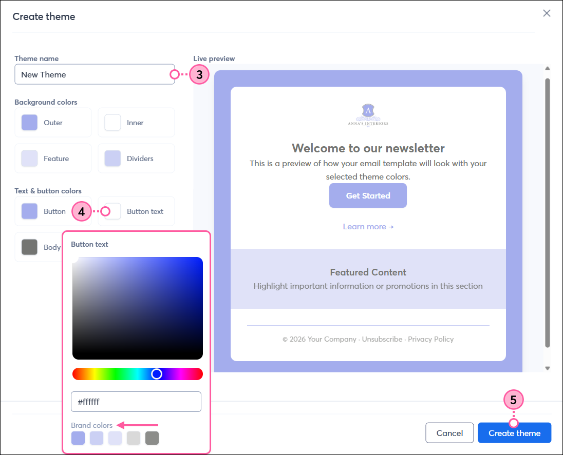 BrandKit dashboard with Theme Name field, theme color options with color palette expanded, and Create Theme button