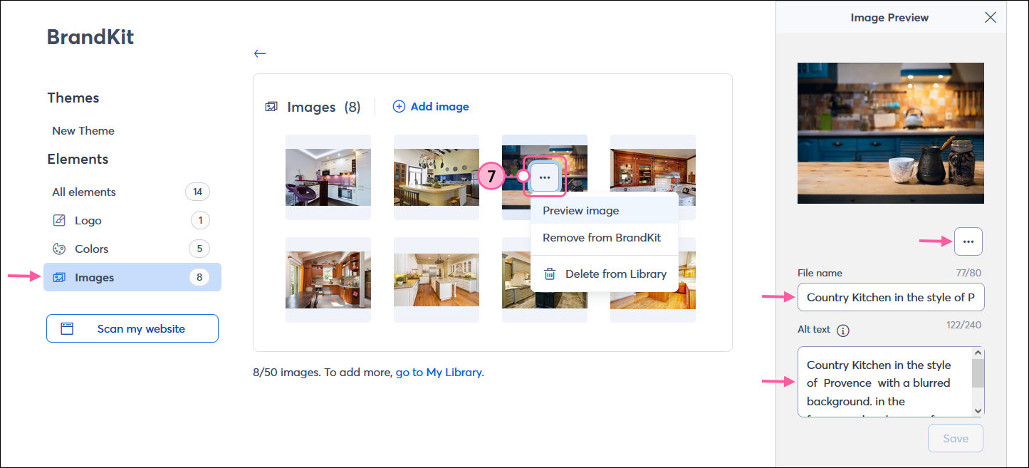 User-added imageBrandKit Images tab selected with multiple images, image menu expanded with "Preview image" option selected and Image Preview panel expanded