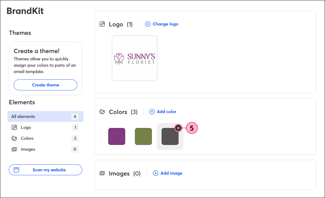 BrandKit-Farben hinzugefügt mit Option Farbe entfernen