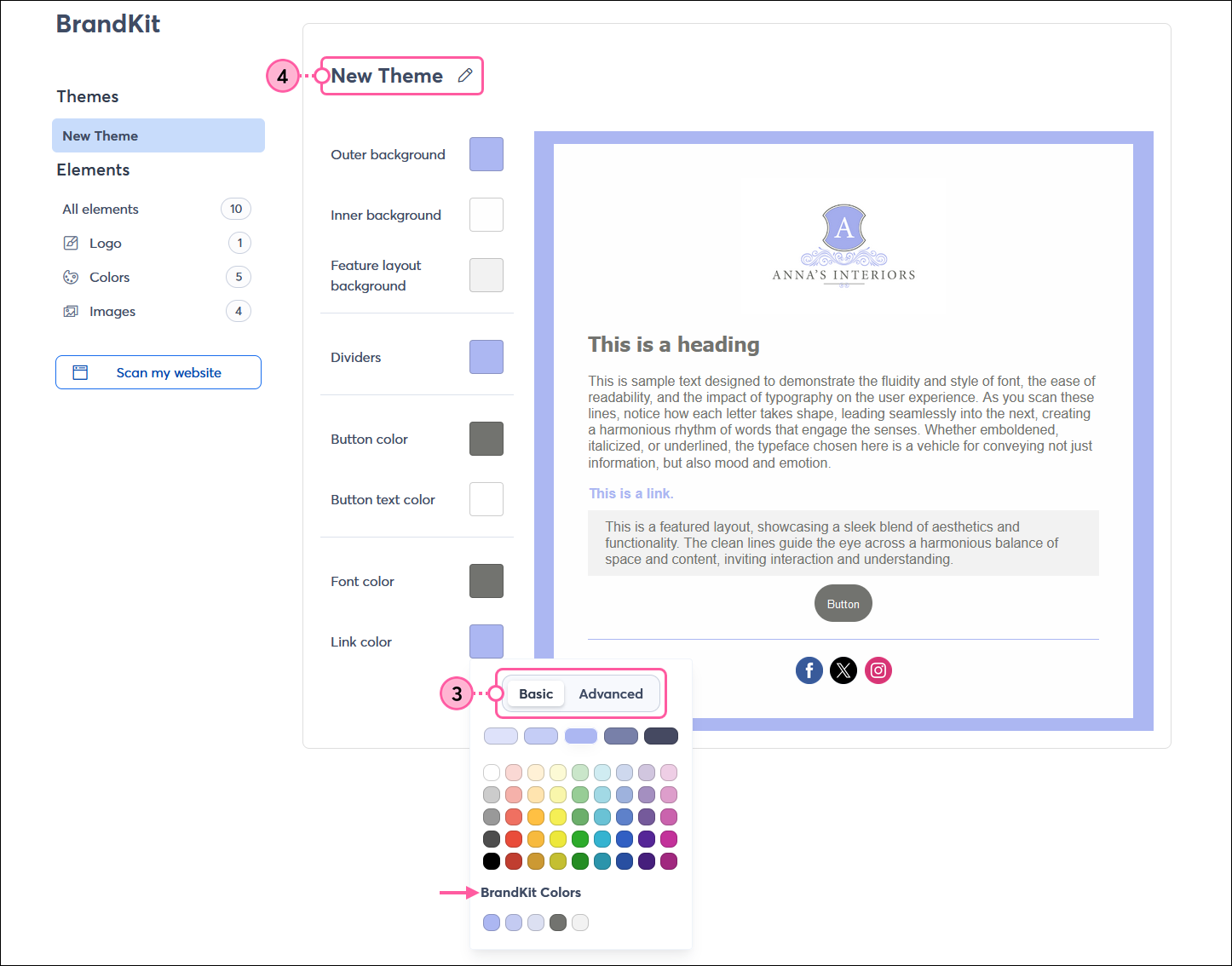 BrandKit dashboard with New Theme tab selected, theme color options with color palette expanded and Basic tab selected, and New Theme name field and edit icon (pencil)