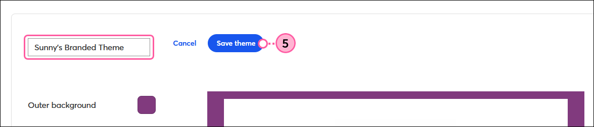 Campo nombre del tema de BrandKit y botón Save Theme (Guardar tema)