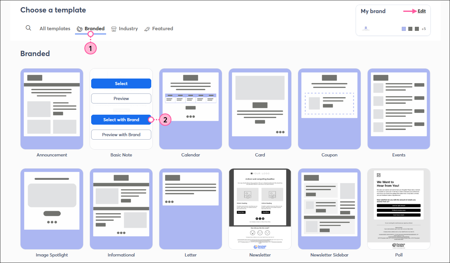 Choose a template page with Branded tab selected, branded template options, and template with Select, Preview, Select with Brand, and Preview with Brand buttons displayed