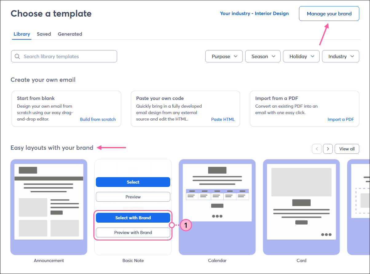 Choose a template page with Branded tab selected, branded template options, and template with Select, Preview, Select with Brand, and Preview with Brand buttons displayed