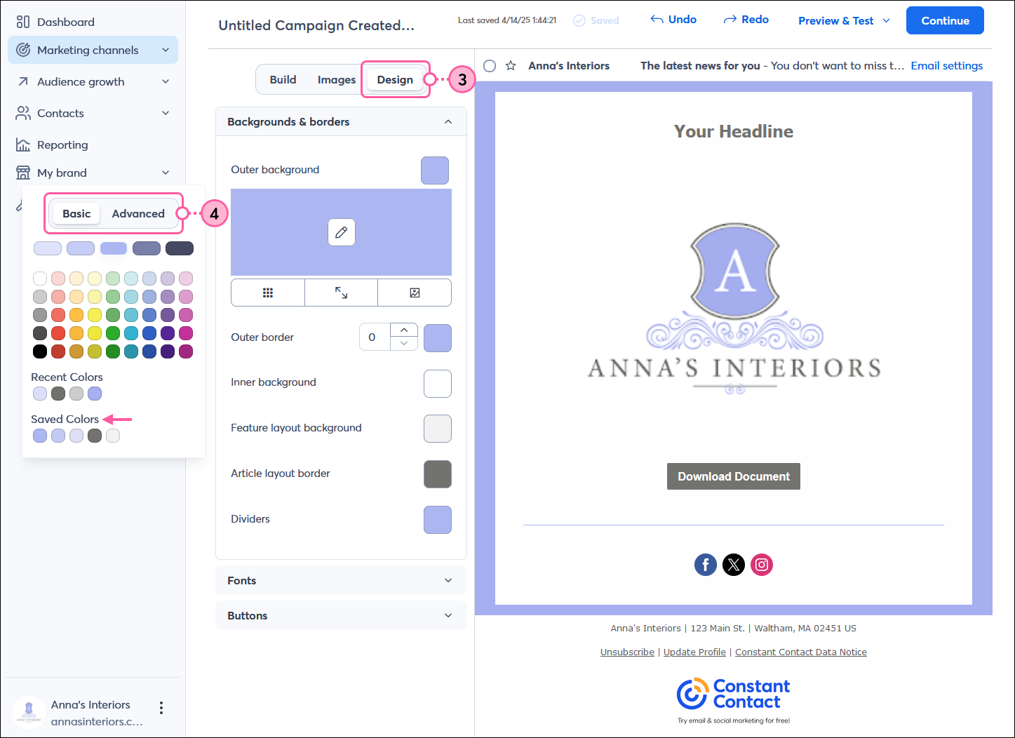 Email editor with Design tab selected and Backgrounds & borders section expanded, background and border options and color palette visible with Basic tab selected and Saved Colors options
