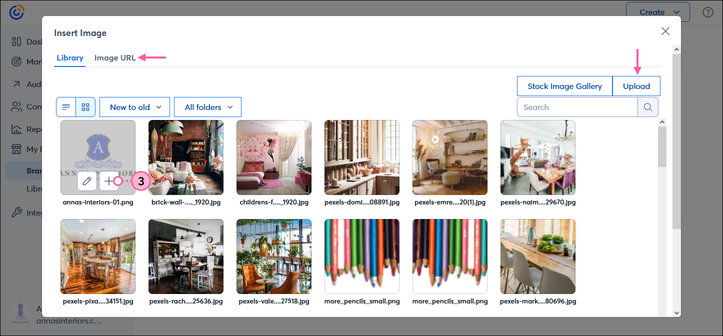 Insert Image overlay, with Logo image selected and + (add) button, Image URL tab and Upload button
