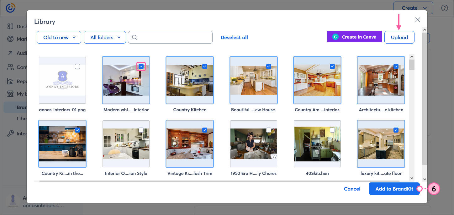 Library overlay with multiple images selected and Add to BrandKit button