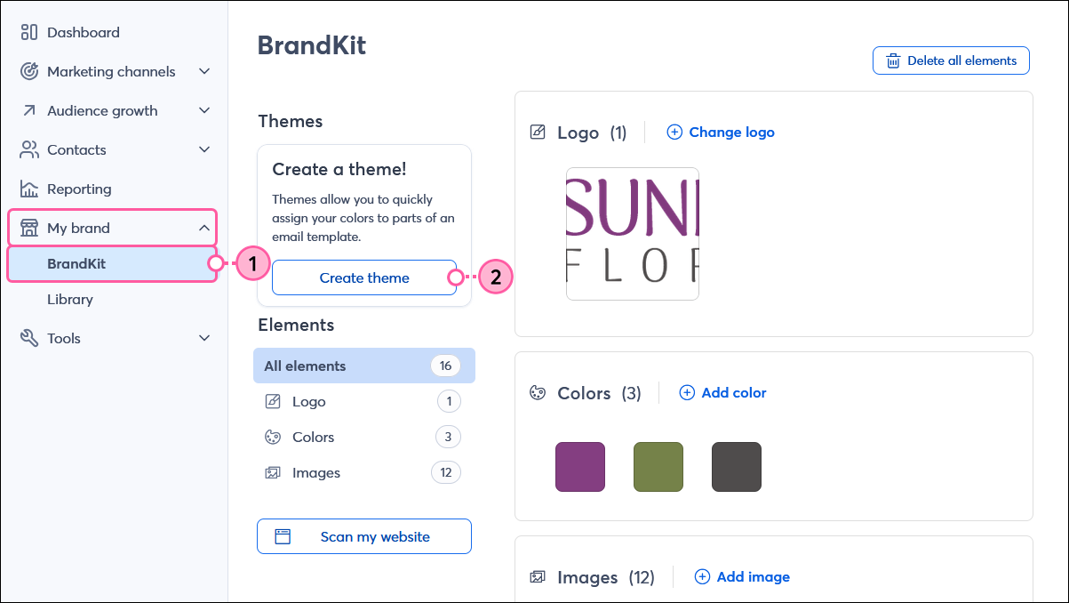 BrandKit con activos agregados y botón Create Theme (Crear tema)