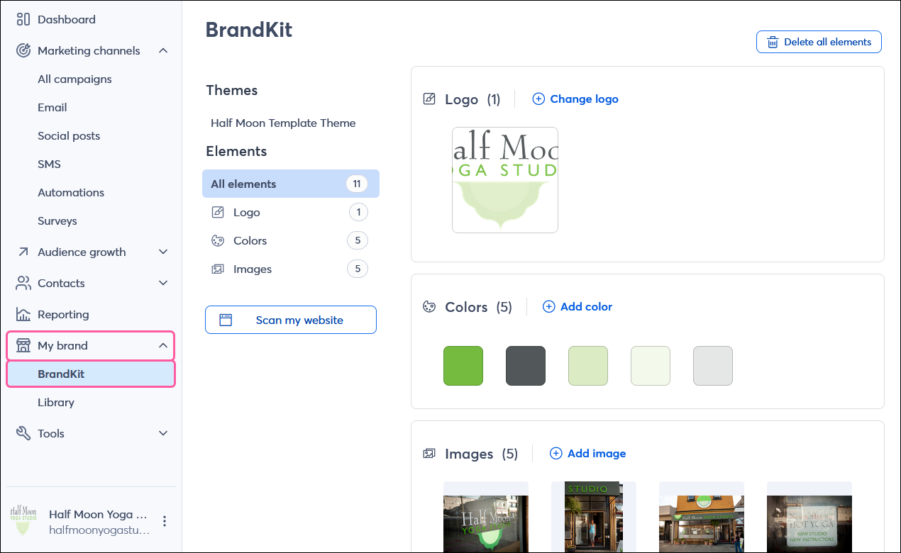 Tools-Dropdown mit BrandKit-Option und hochgeladenen Marken-Assets