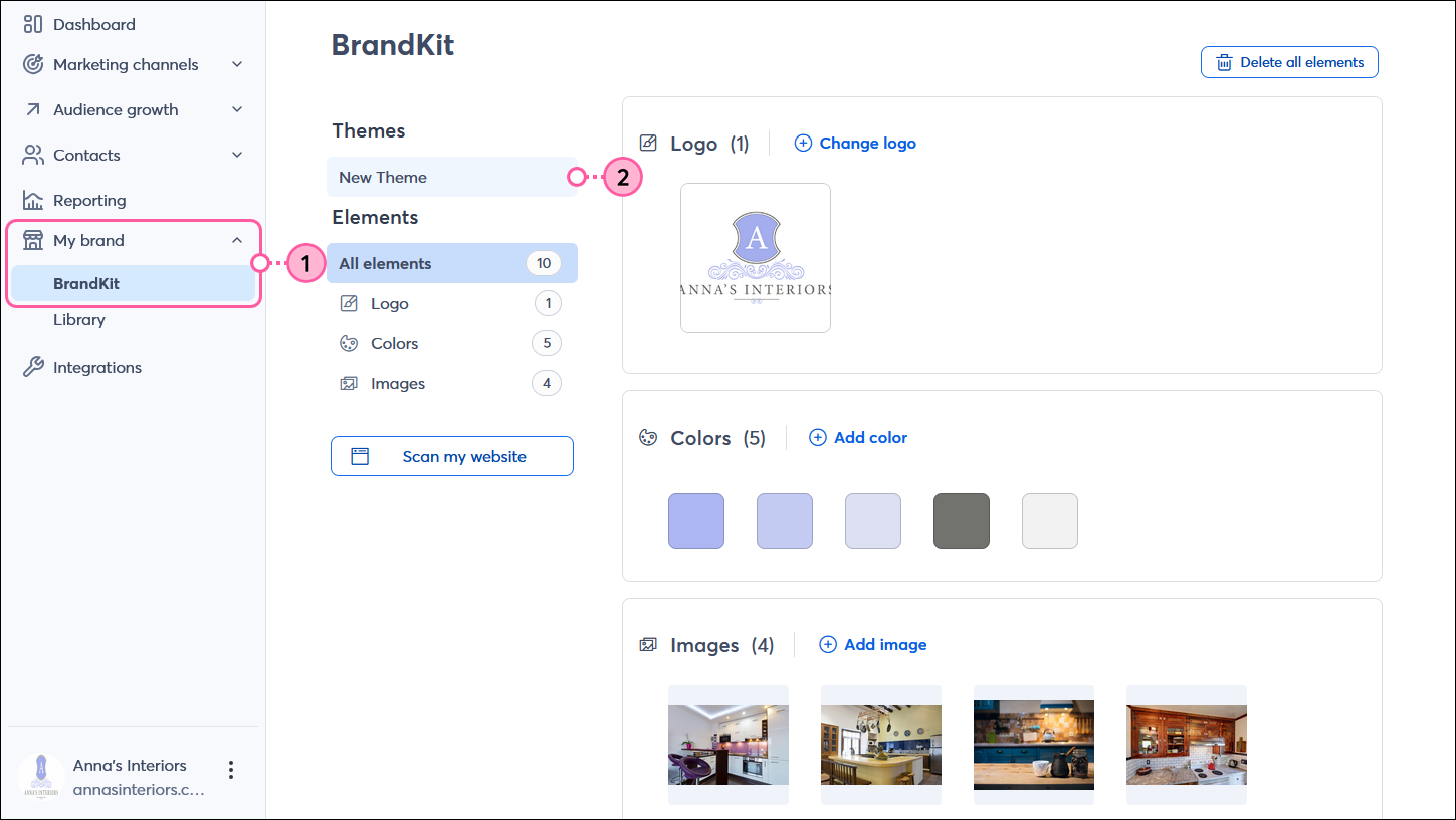 BrandKit with assets added and Create Theme button