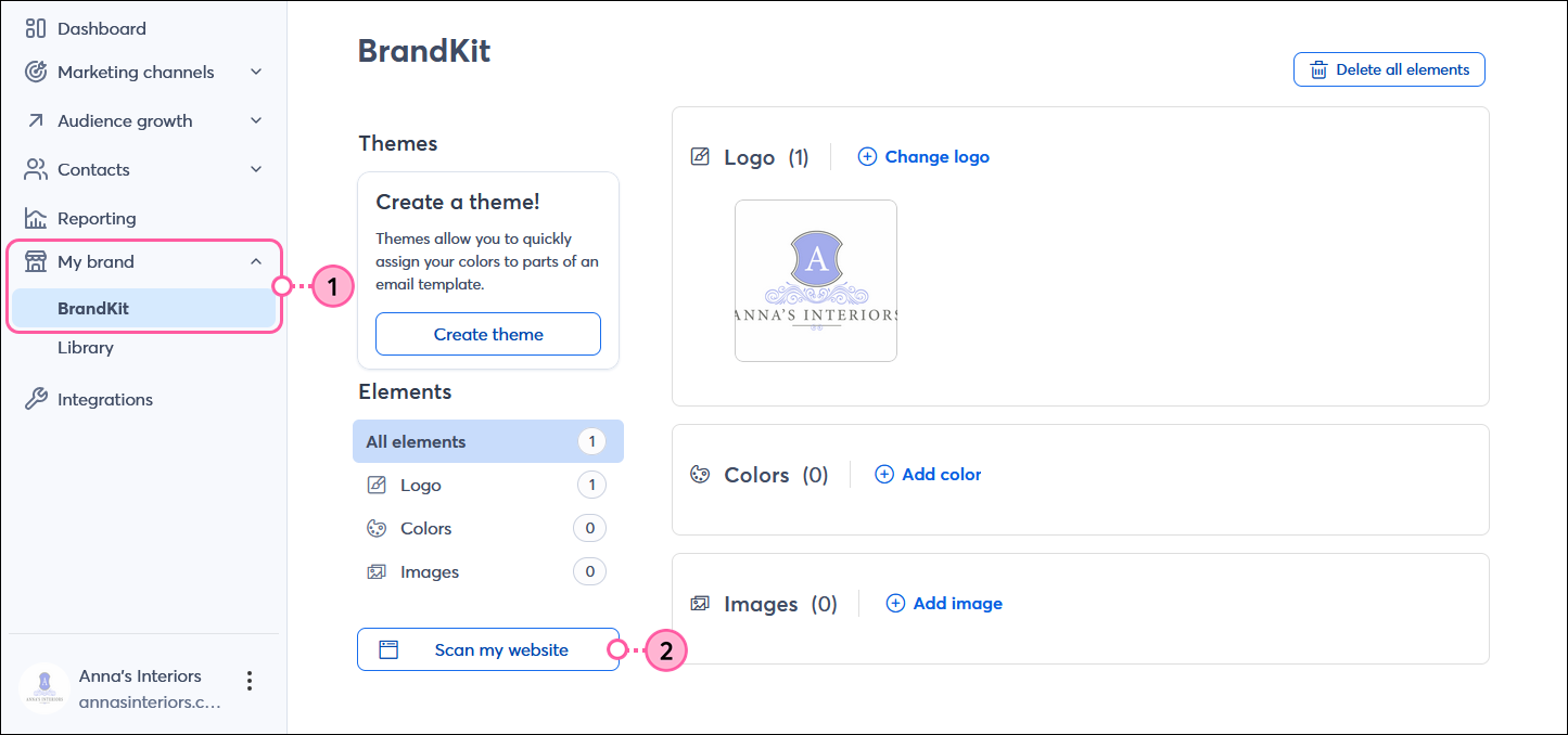 My brand menu expanded and BrandKit option selected, BrandKit dashboard with Scan my website button