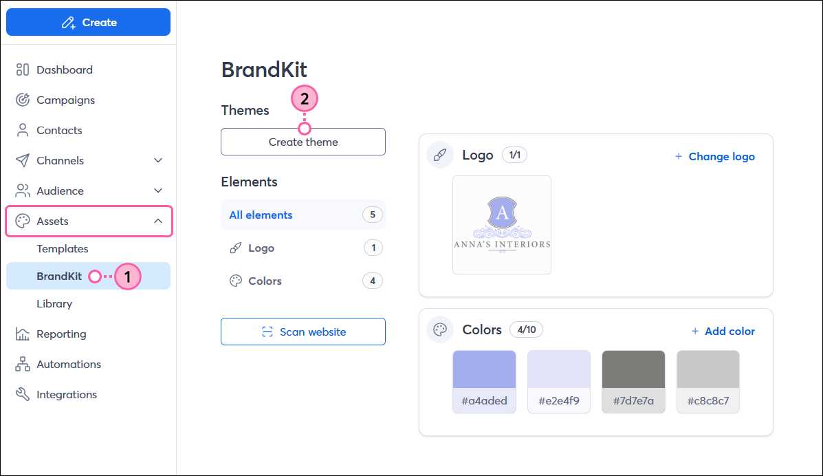 Left navigation with Assets section expanded, BrandKit option selected, BrandKit with assets added and Create Theme button