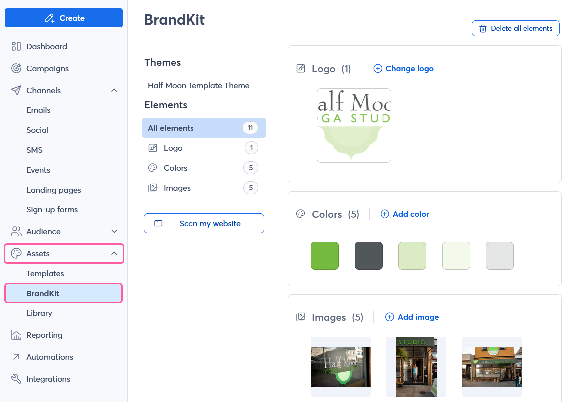 Tools drop-down with BrandKit option and brand assets uploaded