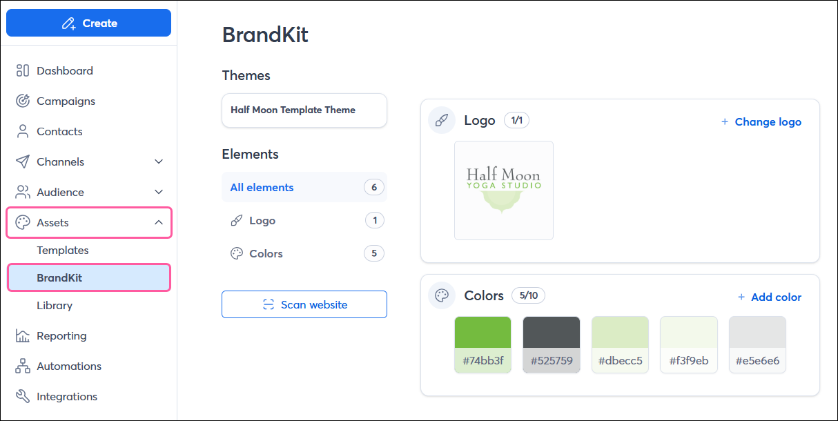 Left navigation with Assets drop-down, BrandKit option selected, and brand assets uploaded