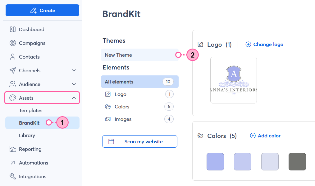 Left navigation with Assets section expanded, BrandKit option selected, BrandKit with assets added and New Theme button