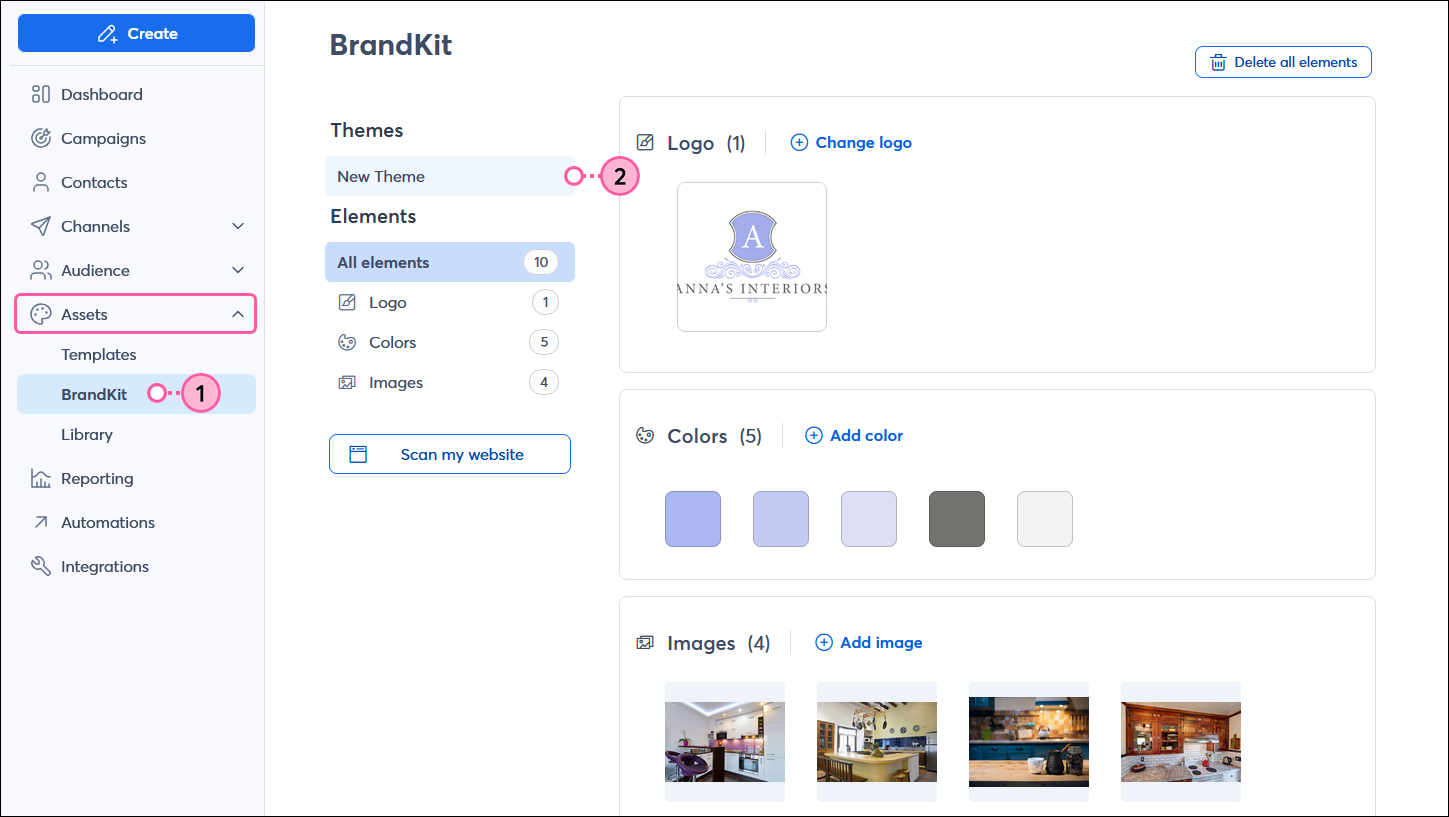 BrandKit with assets added and Create Theme button