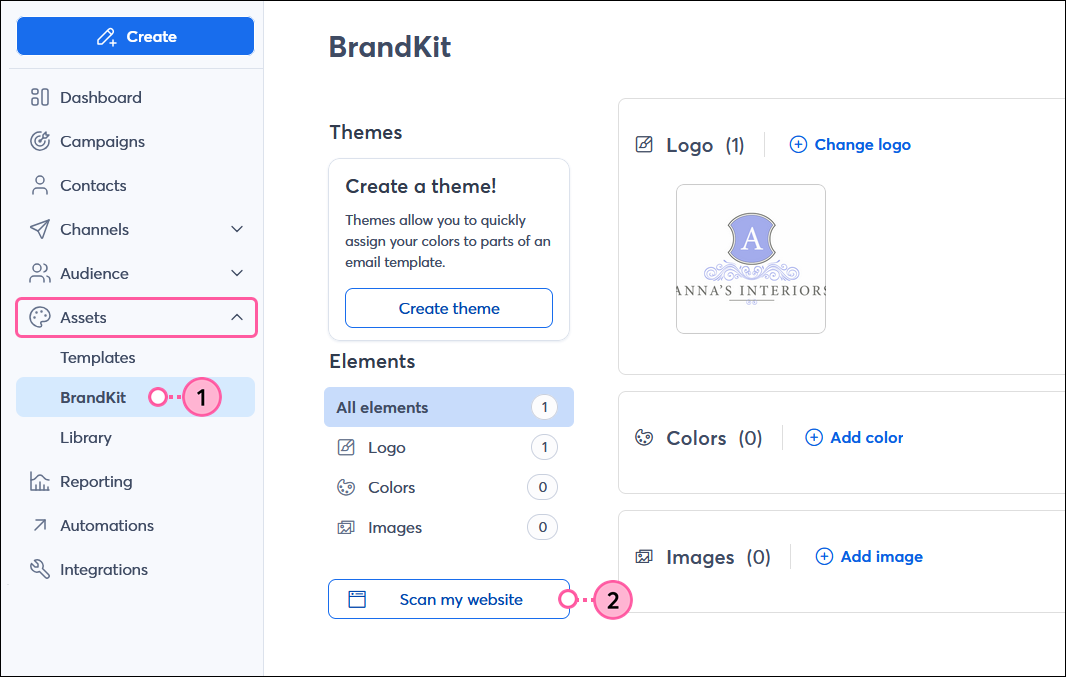 Left navigation, Assets menu expanded and BrandKit option selected, BrandKit dashboard with Scan my website button