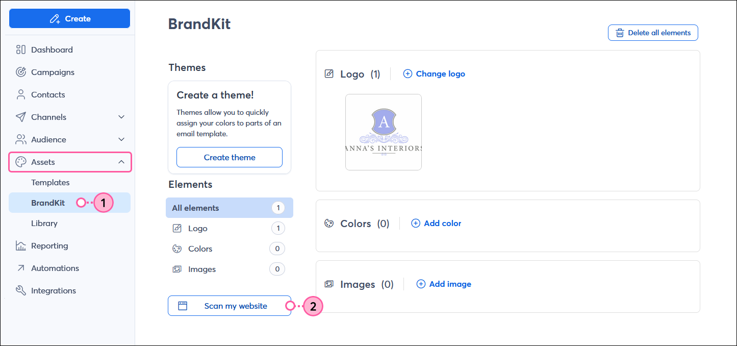My brand menu expanded and BrandKit option selected, BrandKit dashboard with Scan my website button