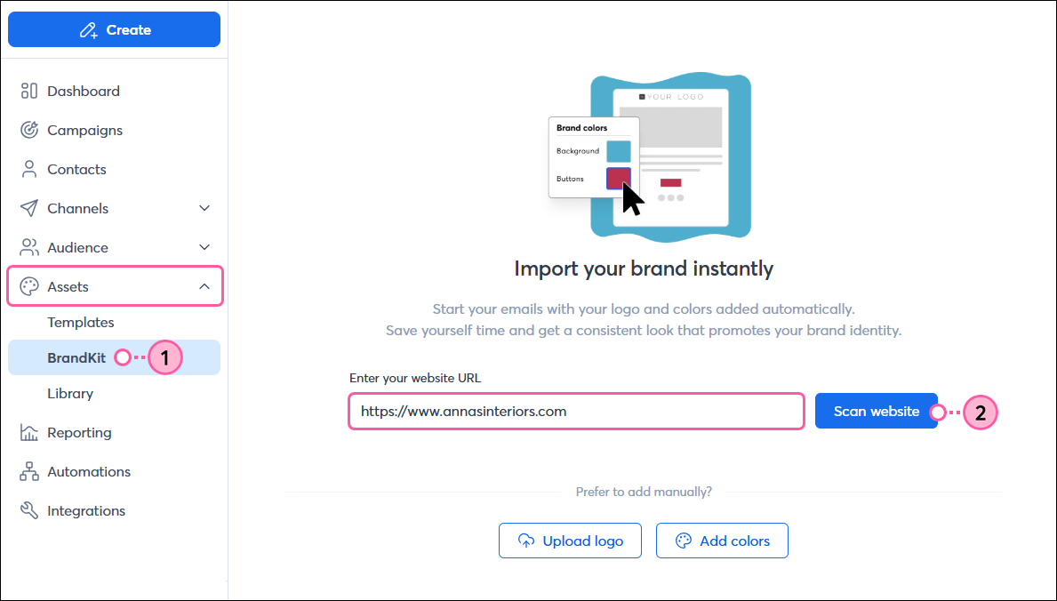 Left navigation, Assets menu expanded and BrandKit option selected, BrandKit dashboard with Website URL field and Scan website button