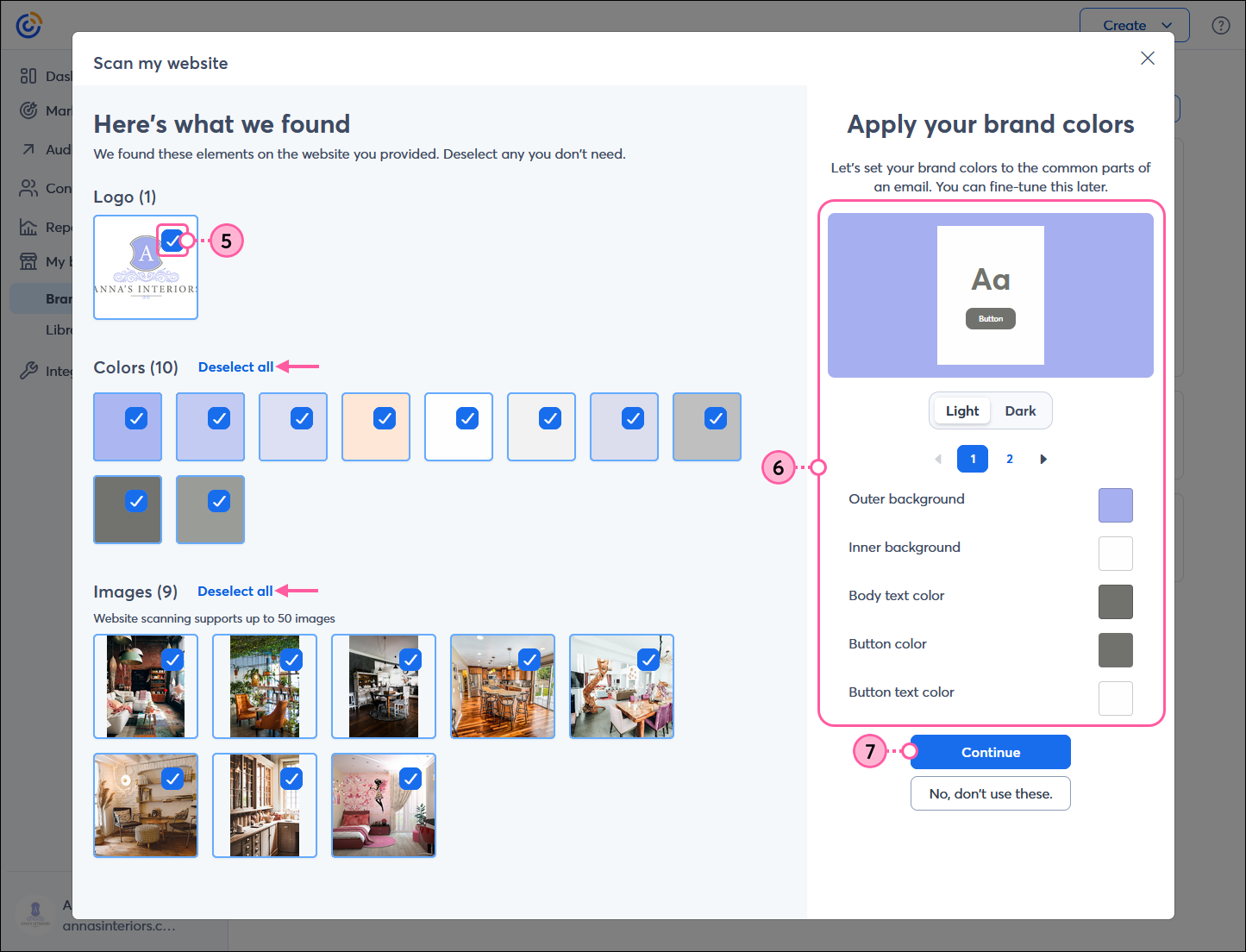 Scan my website overlay with Here's what we found results including Logo, Colors, and Images options, Apply your brand colors section with theme and color options, Continue button, and No, don't use these button