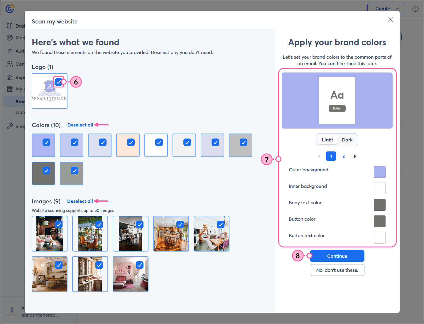 Scan my website overlay with Here's what we found results including Logo, Colors, and Images options, Apply your brand colors section with theme and color options, Continue button, and No, don't use these button