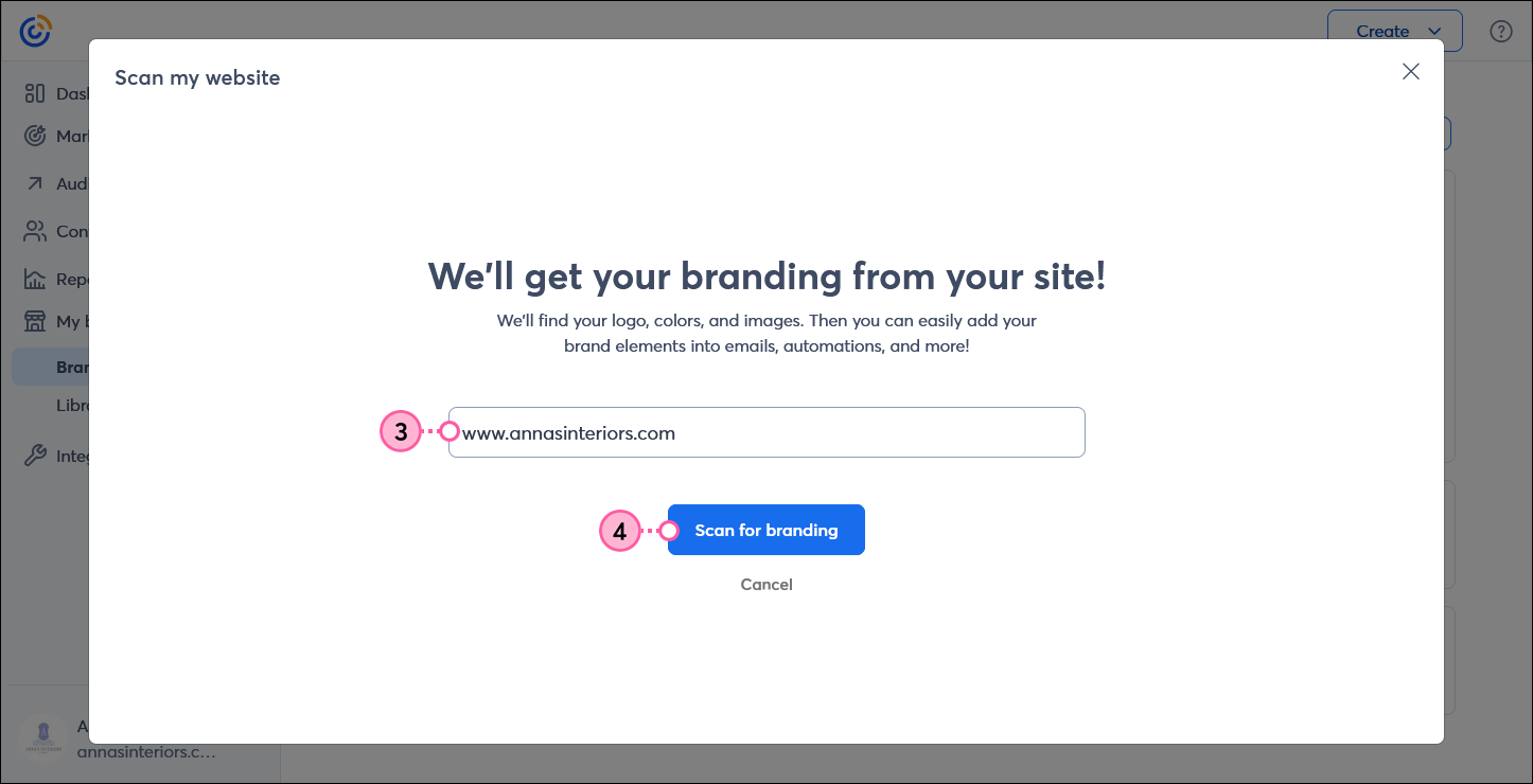 Scan my website overlay with URL field and Scan for branding button