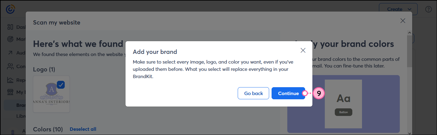 Add your brand overlay with Go back and Continue buttons