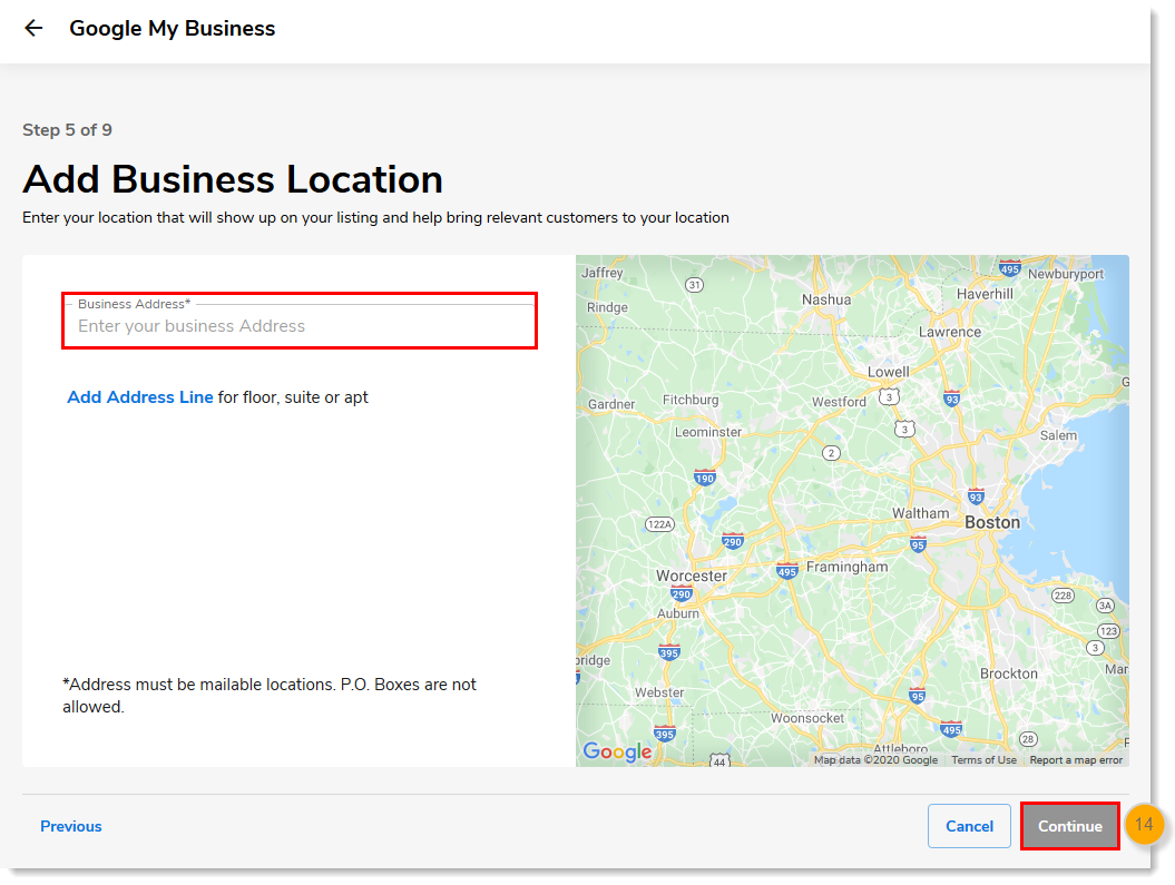 Business Address field with Continue button