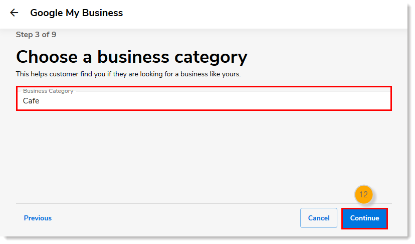 Business Category field with Continue button