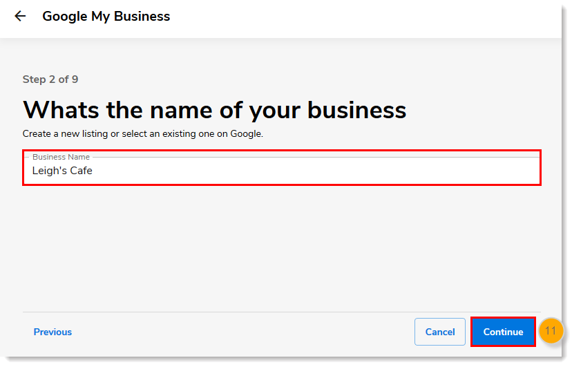 Business Name field and Continue button