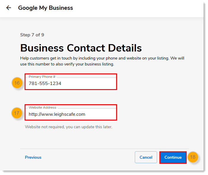 Business Contact Details page, Primary Phone and Website Address fields, Continue button