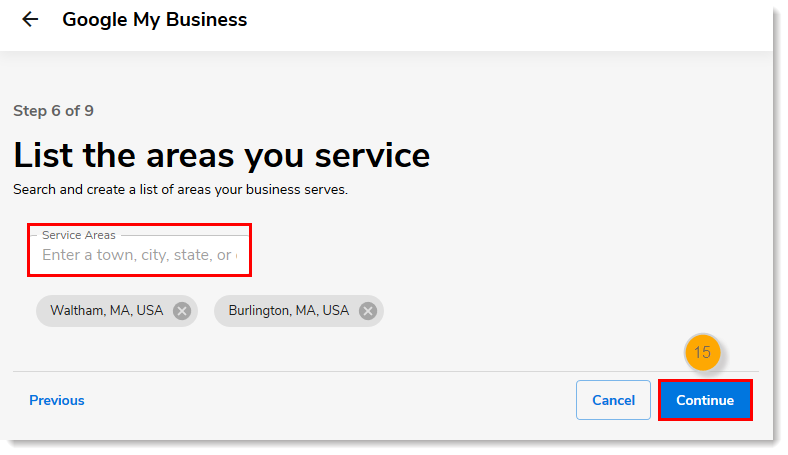 Service Areas field with Continue button