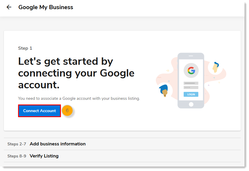 Step 1 page with Connect Account button