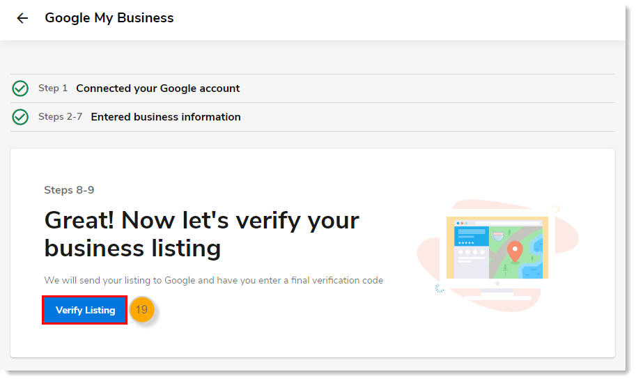 Steps 8-9 page with Verify Listing button