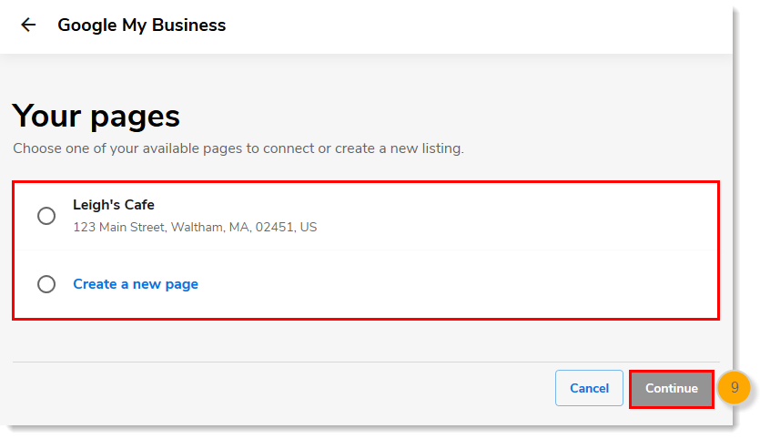 Your business pages, existing listing or Create a New Page options, Continue button