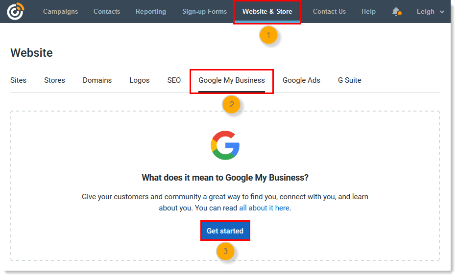 Website tab, Google My Business tab, Get Started button