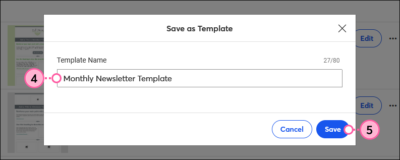 Emergente Save as Template (Guardar como plantilla) con campo Template Name (Nombre de plantilla) y botón Save (Guardar)