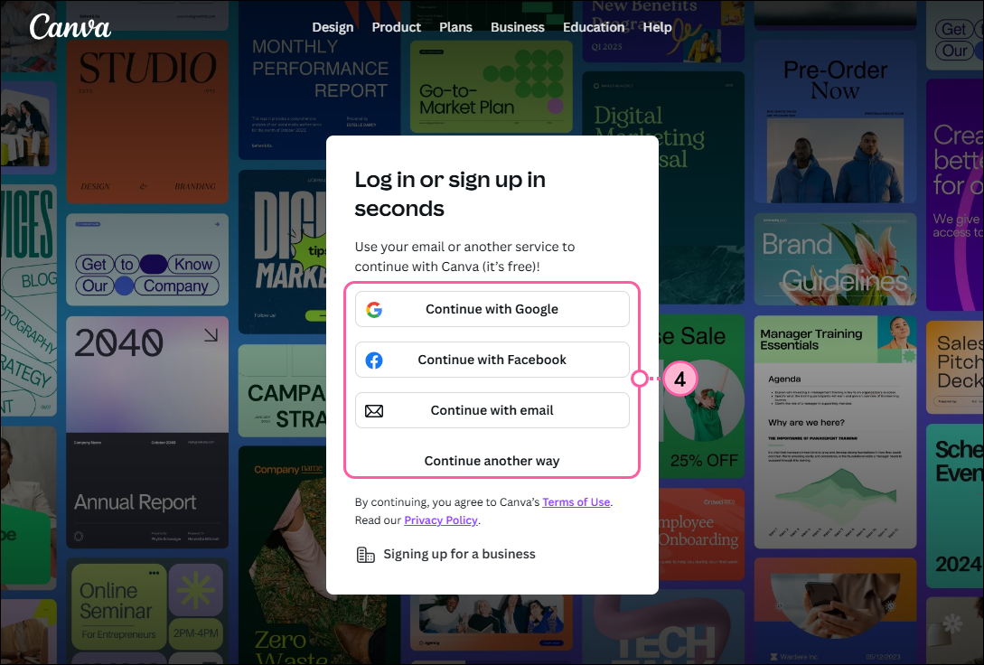 Canva Log in options
