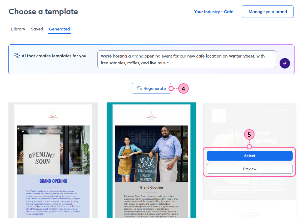 Generated templates with Regenerate button and Preview and Select buttons