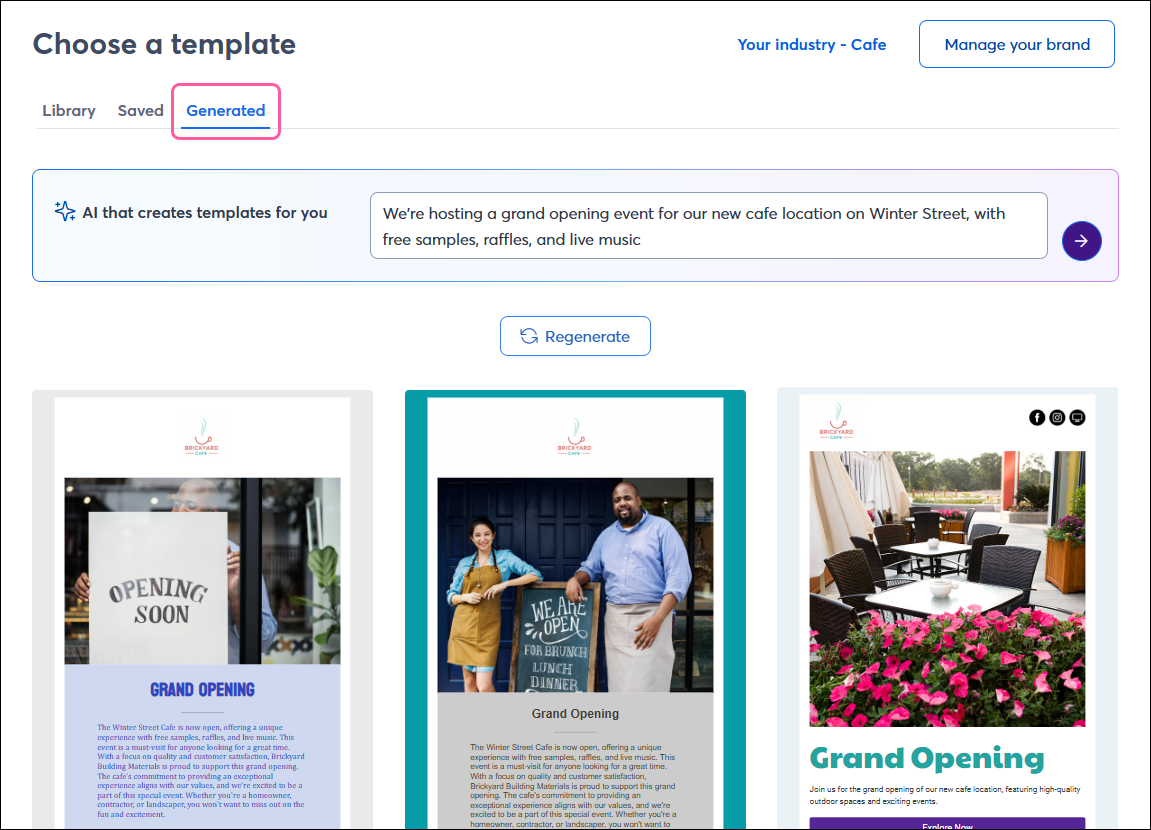 Email template picker, Generated tab, prompt entered, and email options generated