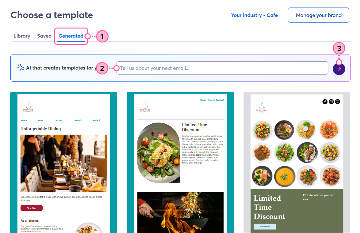 Template picker with Generated tab selected, prompt field, and Create button