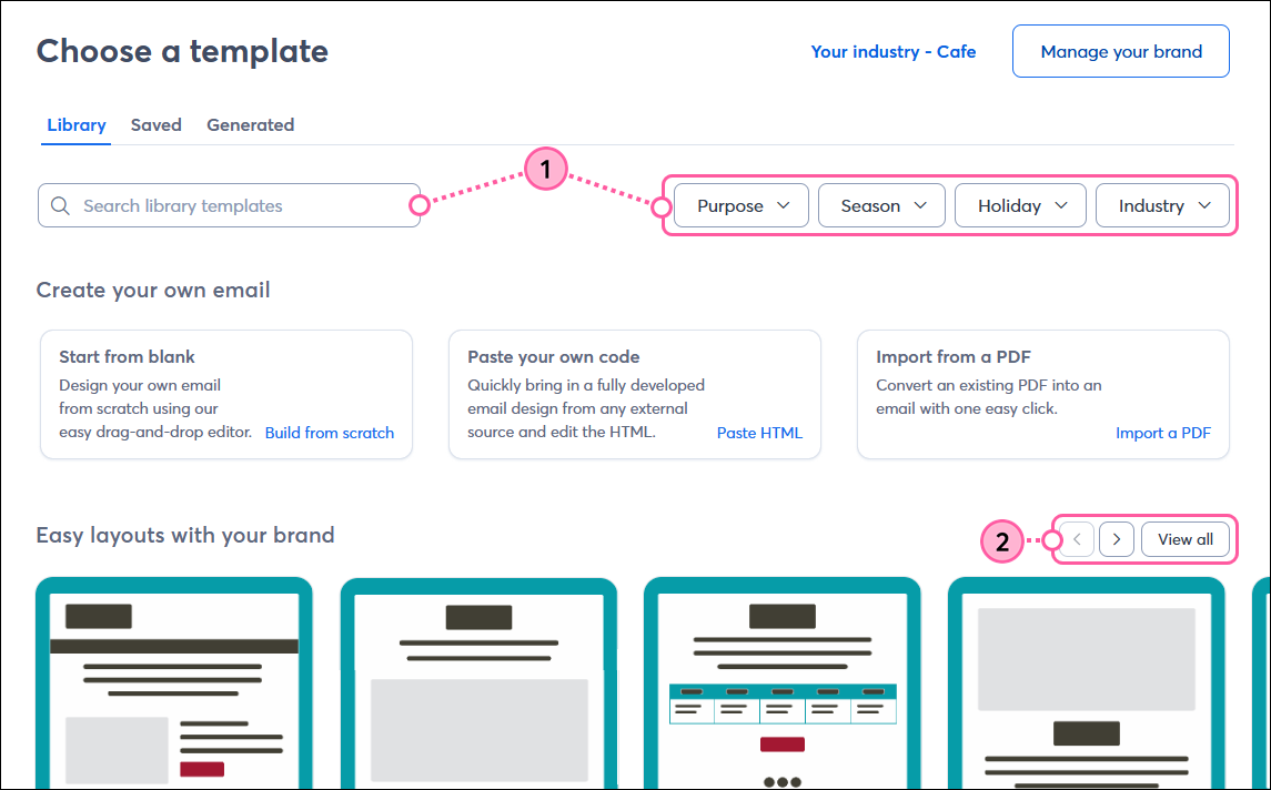 Template picker with Library tab selected, search field, filters, scroll arrows, and View All button