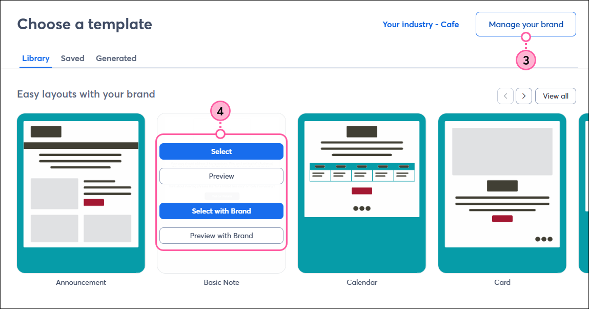 Template picker with Branded templates, Manage Your Brand button, and Preview and Select buttons