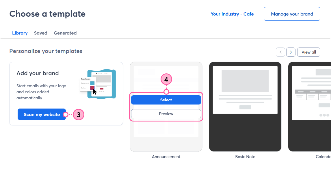 Template picker with no brand added, Scan My Website button, and Preview and Select buttons