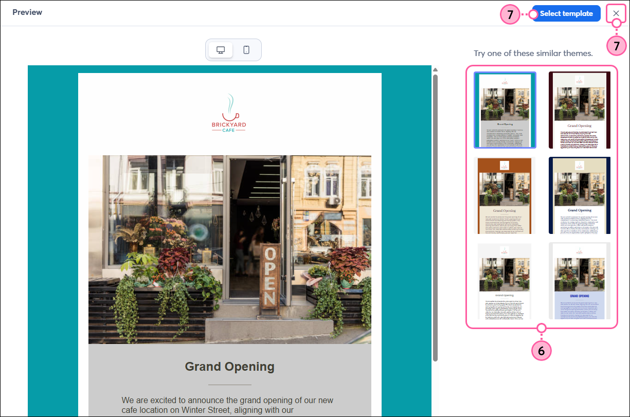 Template preview with similar theme options, X to close, and Select Template button