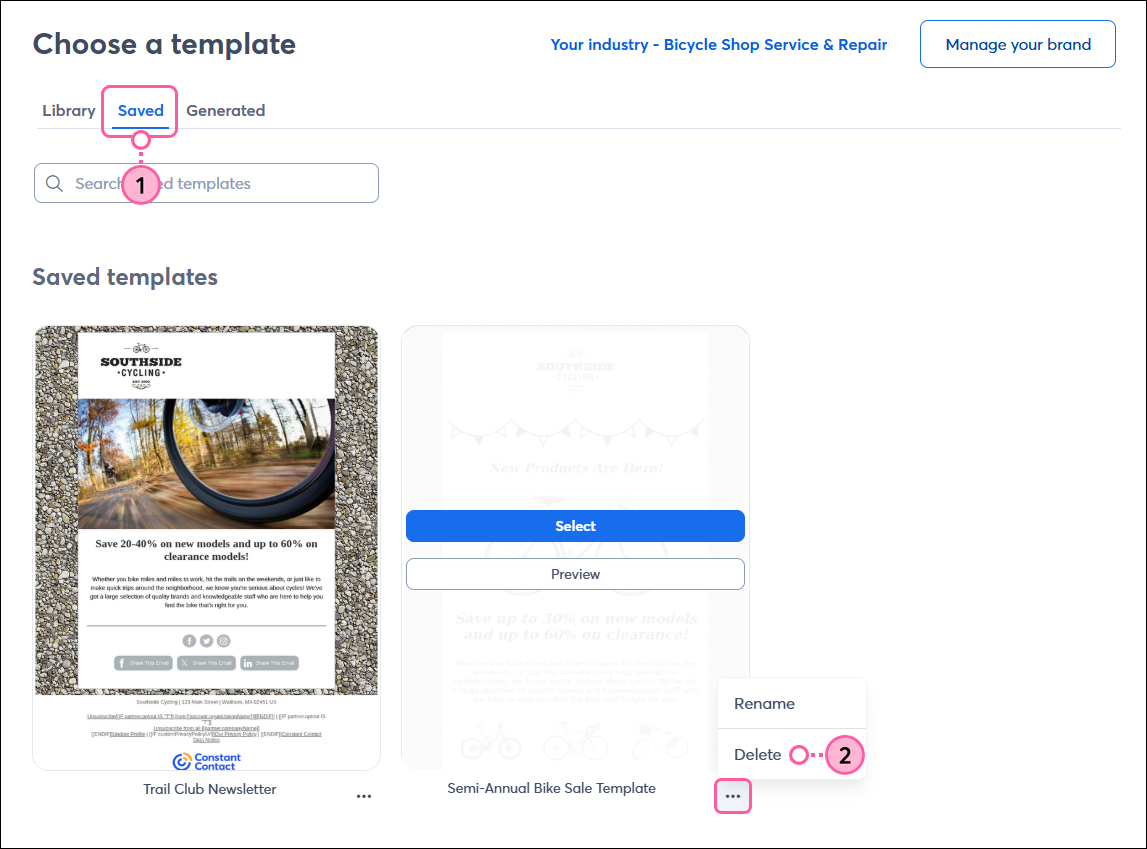 Choose a template page with Saved tab selected, Saved templates with template thumbnail and menu expanded with Delete option selected
