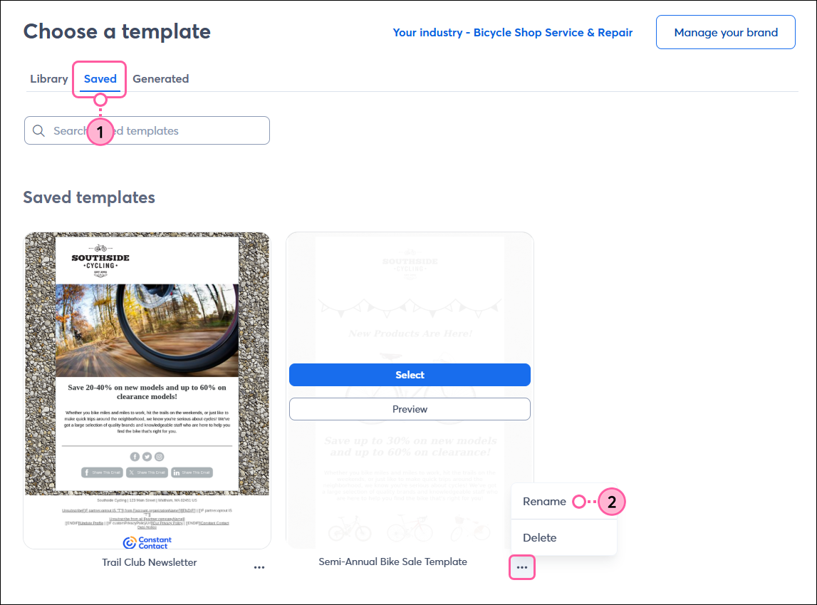 Choose a template page with Saved tab selected, Saved templates with template thumbnail and menu expanded with Rename option selected