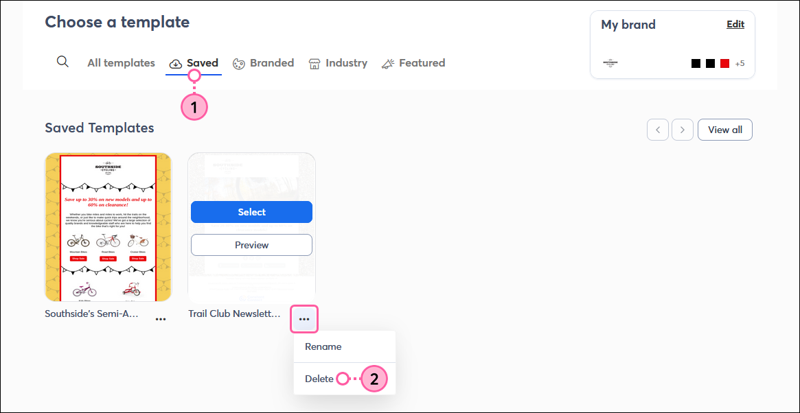 Choose a template page with Saved tab selected, Saved templates with template thumbnail and menu expanded with Delete option selected